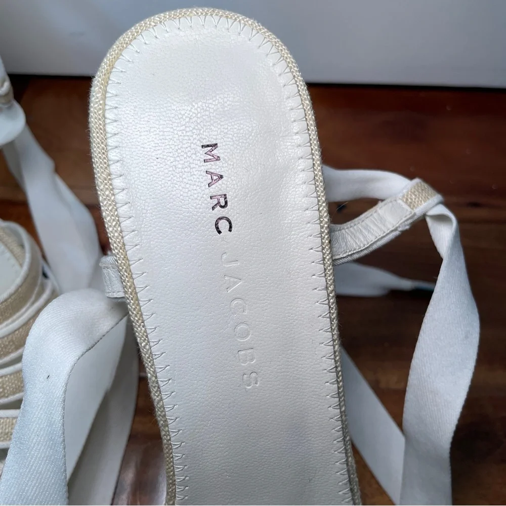 MARC JACOBS Ivory Canvas Ankle Tie Sculptural Wedge Sandals Size 10